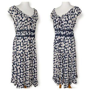 Romantic Gypsy Midi Dress Size 1X Floral Smocked Button Up Navy Blue Boho Flowy